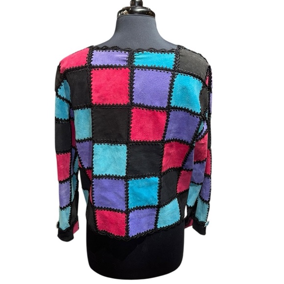 Vintage Suede Patchwork Boho Jacket M/L Jewel Sleeve Crochet Trim Fuchsia Teal - Picture 2 of 7
